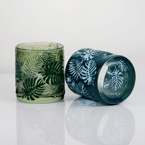 Embossed Tropical Monstera Leaf Glass Candle Holder with 200ml Capacity in Lead-Free Crystal Glass