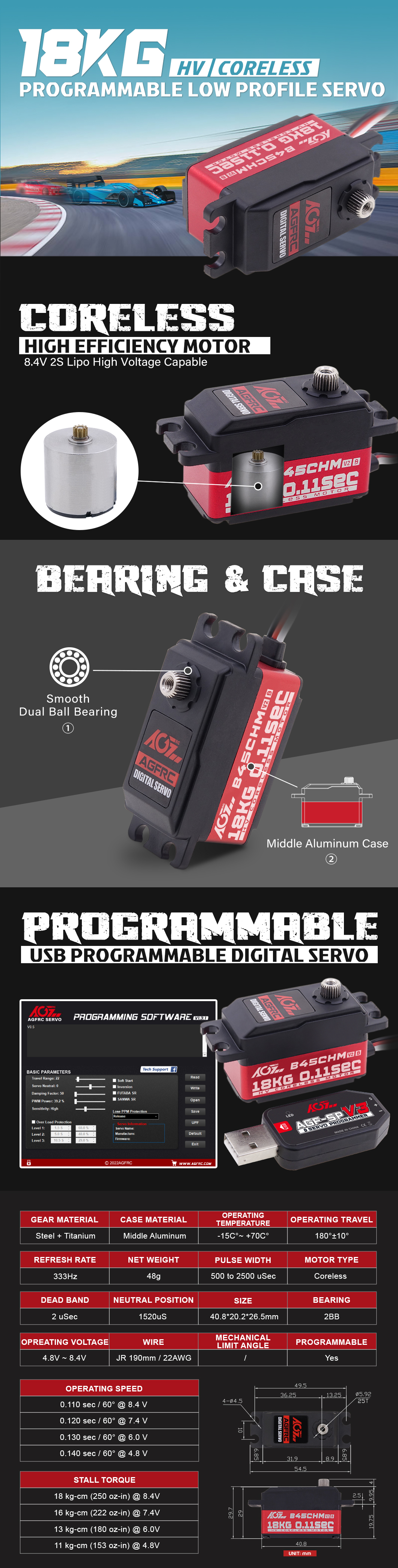 AGFRC B45CHM V2 18kg 0.110sec Programmable Coreless Motor Metal Gear Digital Low Profile Servo For 1/12 RC Cars/Helicopter Robot