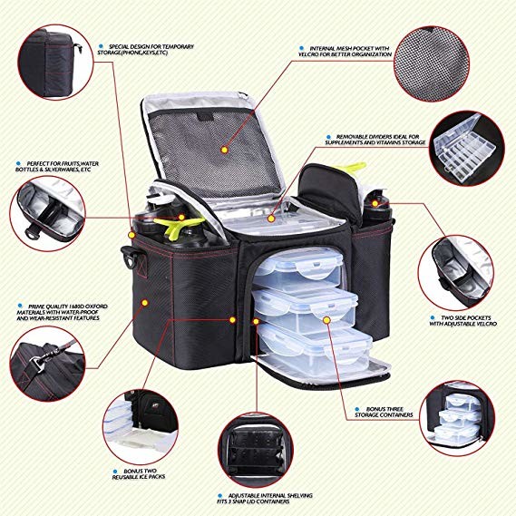 Black Meal Cooler Bag , Portable Lunch Cooler Bag With Ice Pack Snap Lid Containers