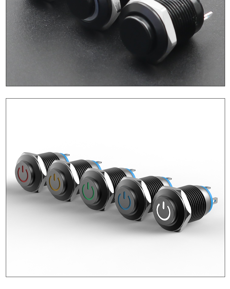 YZ 12mm Metal Push Button Switch Momentary 1NO Oxidized Black Shell High/Flat Head IP65 3A 4-Pin Power LED 6V-220V 100000