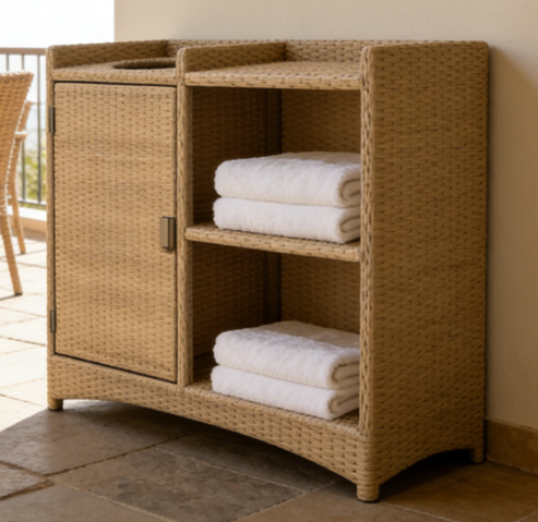 All in One Handwoven Rattan Towel Storage Solution with Towel Bin for Hotel Pool Resort