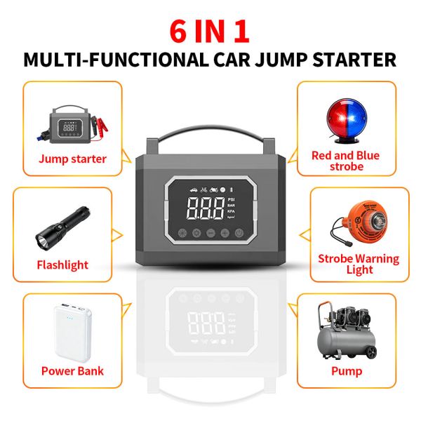 12v 6000mAh 60C Power Jump Starter With Tyre Inflator Mobile Car Battery Booster Portable Air Compressor