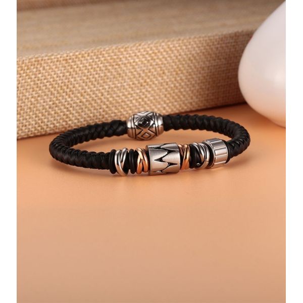 High Quality Mens Stainless Steel Real Leather Bracelet Wholesale