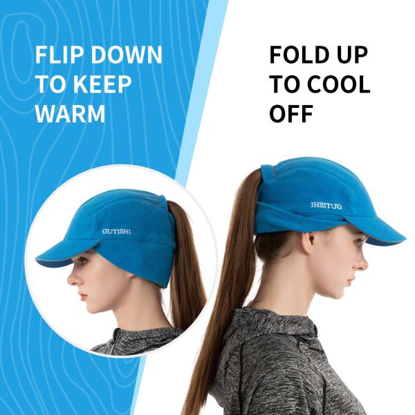 Fleece Ponytail Hat for Women Reflective Winter Hat with Drop Down Ear Warmer