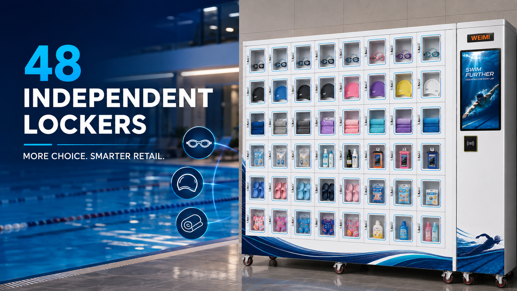 WEIMI 48-Locker Swimming Supplies Vending Machine for Swimming Pools and Aquatic Centers