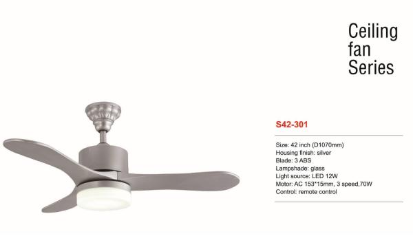 42 Inch Dimmable LED Ceiling Fan Silver Color Remote Control Suspended Mounted