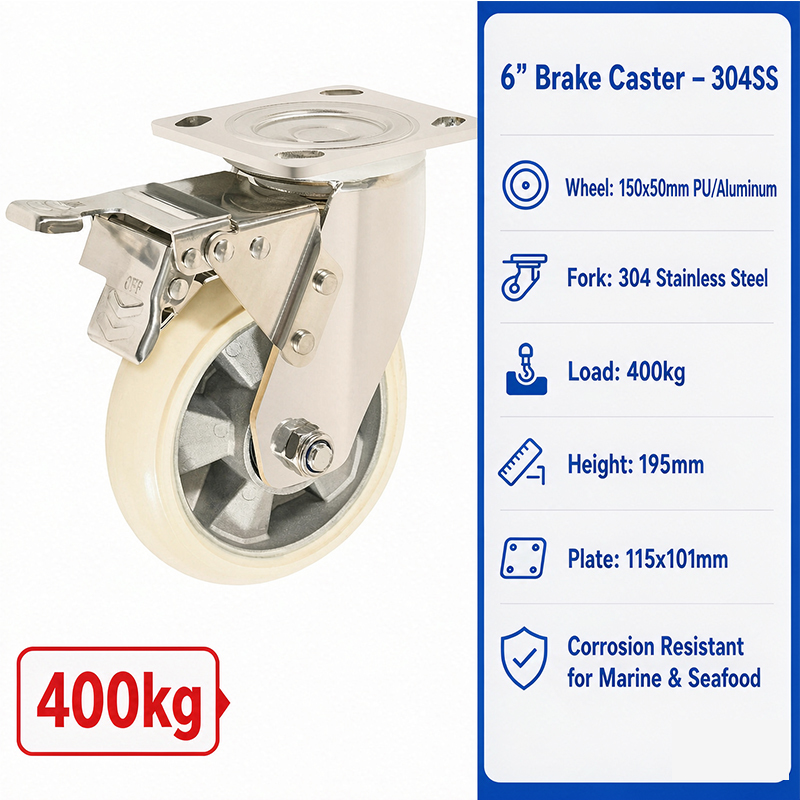 Heavy Duty 6 Inch Stainless Steel 304 Caster Wheels with Aluminum Core PU 400kg Load Capacity Corrosion Resistant for Seafood  Marine Industry
