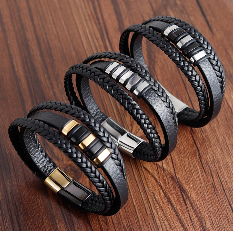 European Market Bestseller Weave Leather Bracelet with Silver Plated Stainless Steel