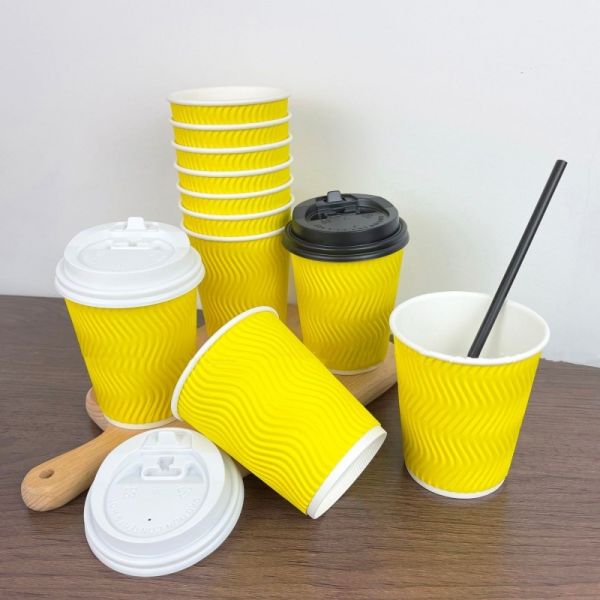 4oz 120ml 8oz 250ml Disposable Paper Cups Yellow Coffee Cups With Lid Ripple Wall