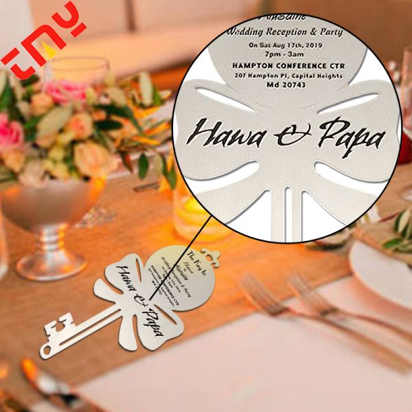 Custom Design Luxury Etched Key Shape Stainless Steel Metal Wedding Invitation Card