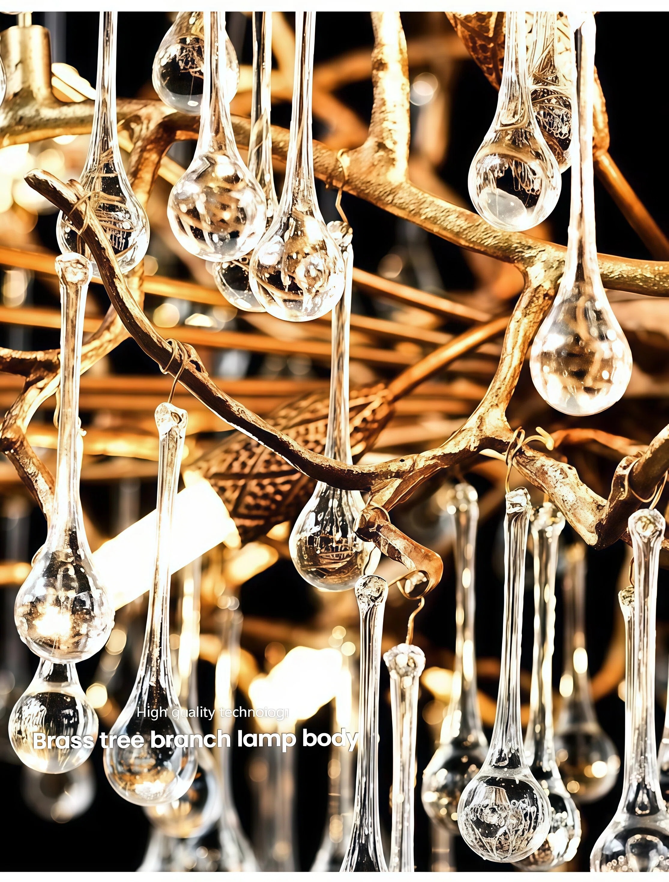JYLIGHTING Rustic Branch Brass & Crystal Linear Chandelier, Natural Tree Twig Waterdrop Crystal Pendant Light for Dining Room & Villa Lobby