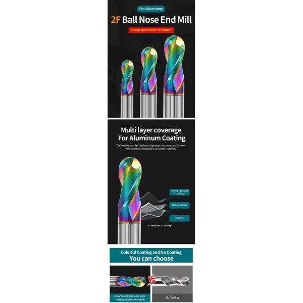 YingBa 4MM 6MM 8MM 2F Carbide Colorful Coating Ball Nose End Mill for Aluminum