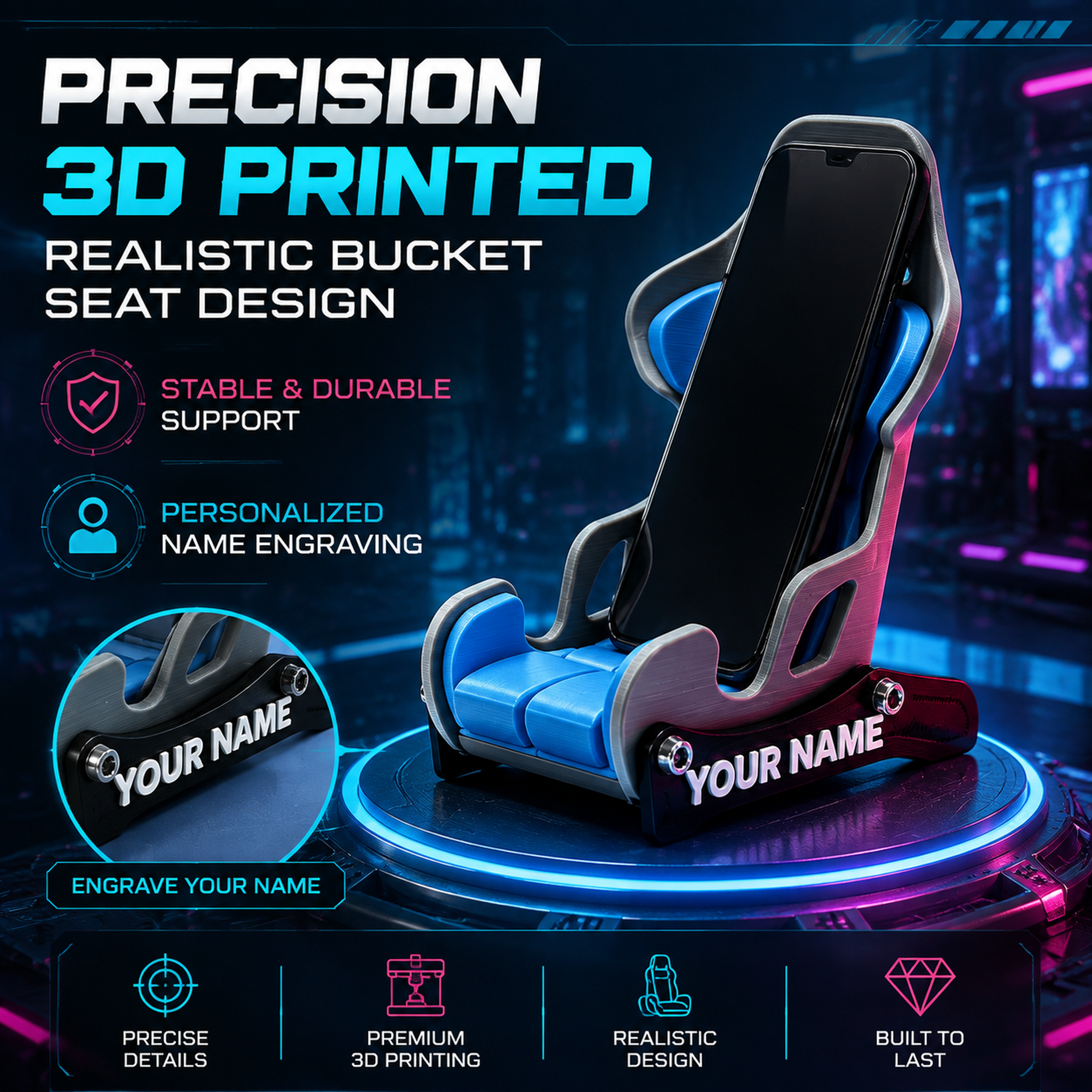 Multi Color Digital 3D Printing Custom Text Racing Seat Shape Cell Phone Holder