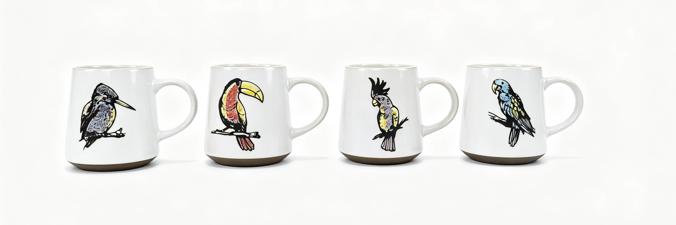 4 Pack Tropical Bird Print Ceramic Mugs, White Curved Coffee Cups with Hand Drawn Parrot & Toucan Art for Home Decor & Gift