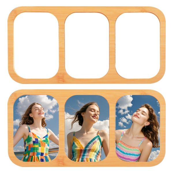 Sublimation Bamboo Photo Frame With 3 Photo Slots Blanks For Christmas Festival Home Office Gift Shop Decor