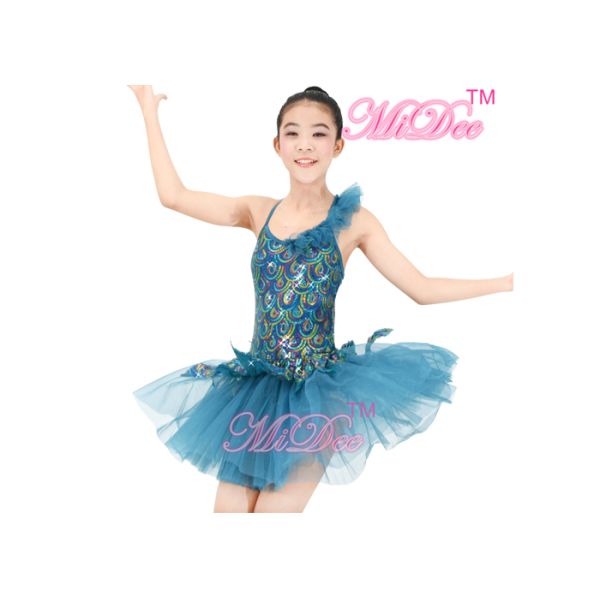 Ruffle Sequined Leotard Hem Tiered Turquoise Ballet Costumes Dance Dress