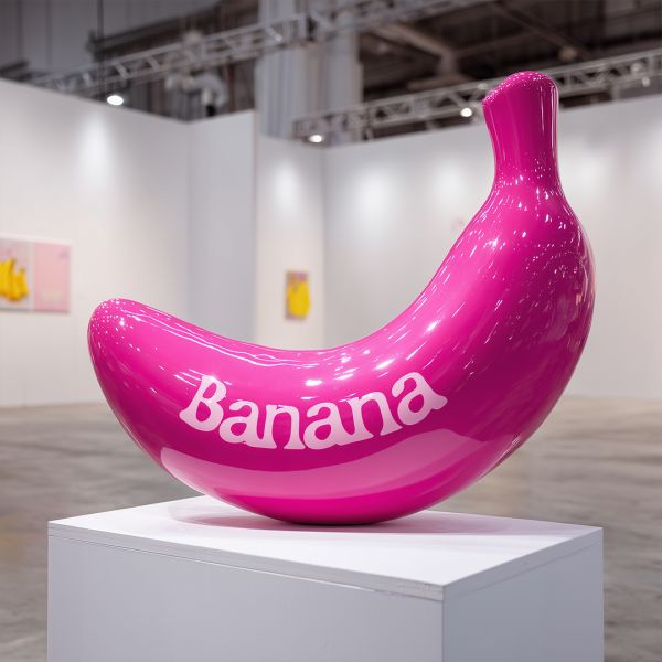 Pink Cartoon Fiberglass Resin Sculpture , Banana Sculpture FRP Ornament For Indoor Decoration