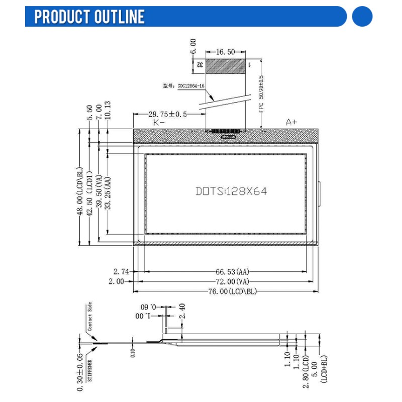 COG12864-16 Blue Film Fog Backlight Full View Wide Temperature Screen Fstn Material I2C \ SPI Module