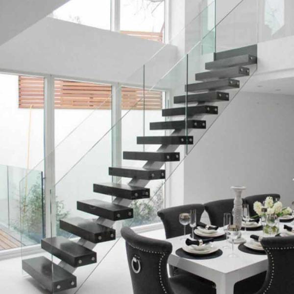 American Standard Stair Single Mono Steel Beam Steel Glass Railing Wood Step Stair