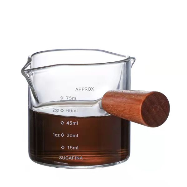Double-Mouth Italian Walnut Glass Coffee Measuring Cup with Transparent Glass and Lid
