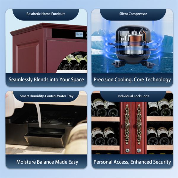 Burgundy Solid Wood Dual Zone Kitchen Wine Cooler with Smart Digital Control Panel