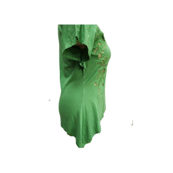 Ladies Short Sleeve T Shirts , Womens Green Shirt Blouse Hollow Embroidery Lace Inside