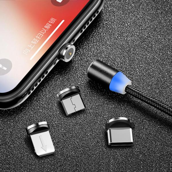 Cabo USB Magnético 3 em 1 Trançado em Nylon Micro Tipo C 8 Pinos