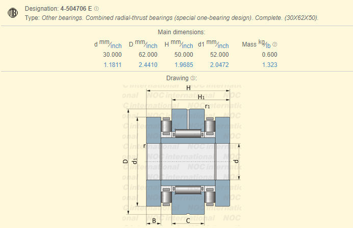 504706 Combined Trust Needle Roller Bearings 30 × 62 × 50 mm 4-504706E