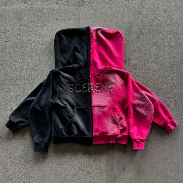 Acid Wash Vintage Sun Faded Streetwear Rhinestone Hoodie Custom Logo