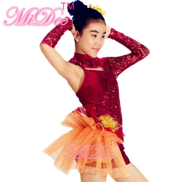Asymmetrical Jazz Dress Costumes One Sleeve Sequin Lace Dance Leotards Spandex Short With Side Suttles