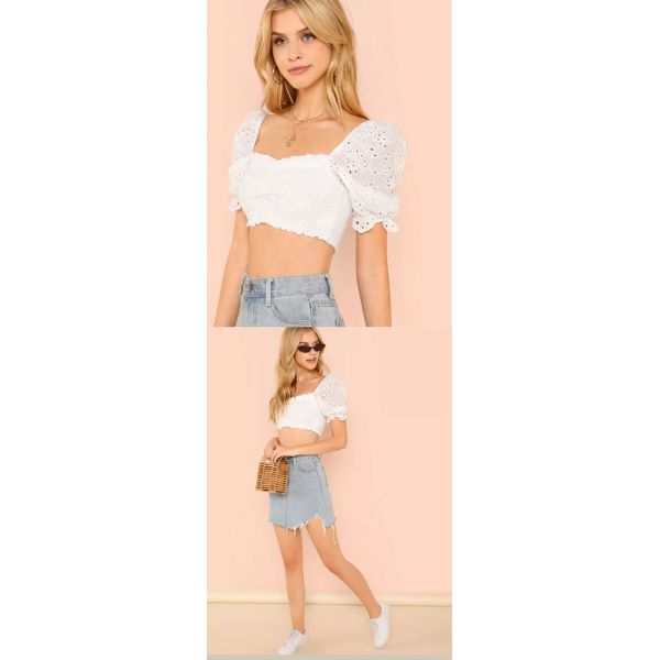 Wholesale Western Boutique Clothing White Cotton Crop Smock Blouses For Women 2018