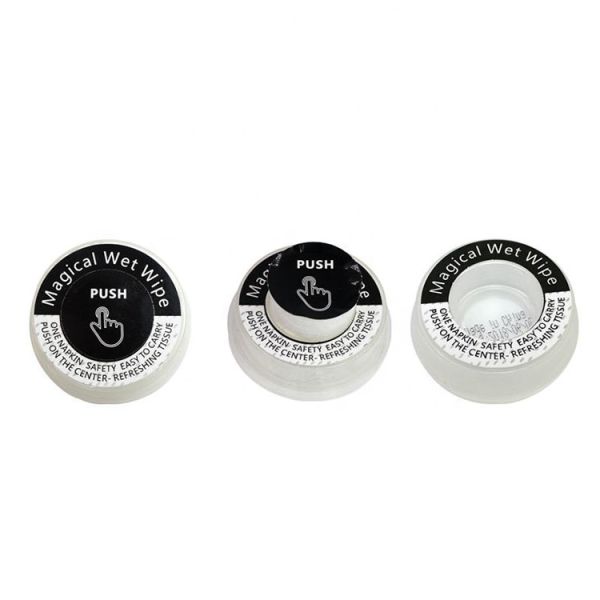 Environmentally Friendly OEM Portable Push Non-woven Biodegradable Towel Magical Tissue Coin Cleaning Wet Wipes