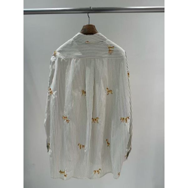 100% pure cotton breathable and moisture absorbing vertical stripe shirt with cute cartoon embroidery casual loose and fashionable women's top