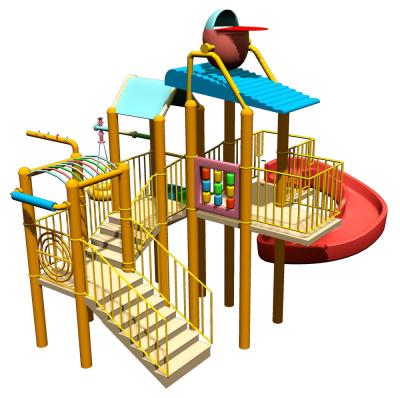 Estruturas do campo de jogos da casa da água das crianças com corrediça de água, rede da escalada, pulverizador de água