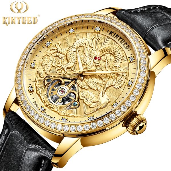 Gold Dial Leather Wrist Watch Wind Up Dragon Embossed Water Resistant