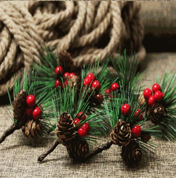 PVC Red Fruit Artificial Pine Needles For Mini Christmas Tree Ornaments