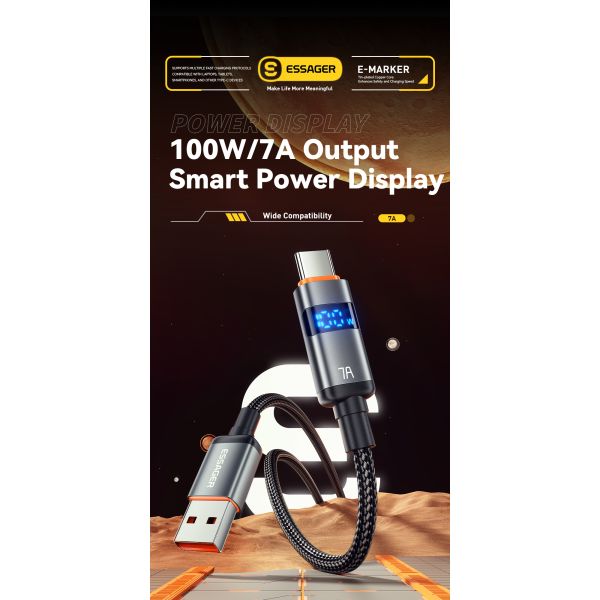 ESSAGER ES-X61 USB A to C Cable 100W Fast Charging Grey
