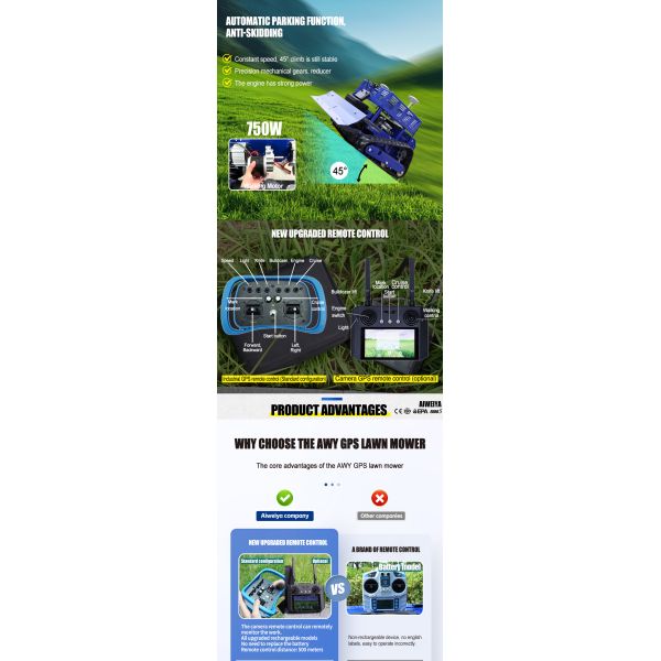 AWY-550 GPS AIWEIYA Industrial DIY Self Propelled Cordless Riding Rotary Lawn Mower 4-Stroke Gasoline Engine 224cc Flail Cutting