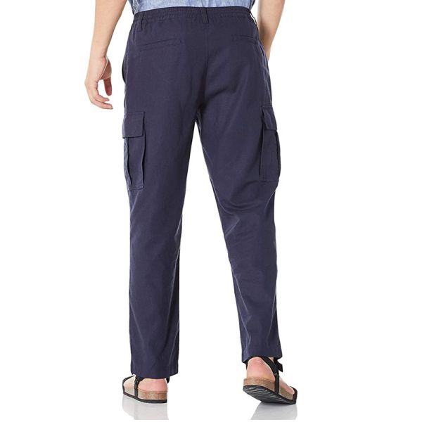 Washable Drawstring Closure Pants 44% Linen 56% Cotton Cropped Cargo Trousers Mens
