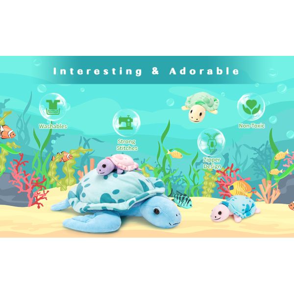 MorisMos Multicolored Sea Turtle Plush Toy Soft Mommy Turtle 3 Babies Blue PP Cotton Filled Great Stress Relief Gift Boys Girls
