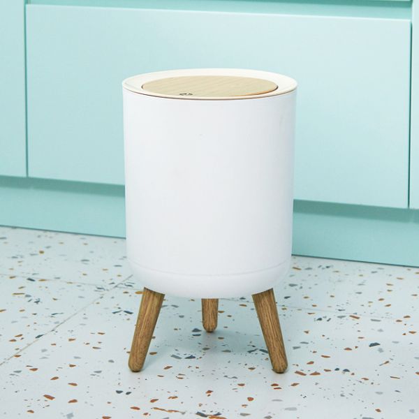 Wood Grain Round Household Desktop Mini Simple Large-capacity Wastepaper Basket Plastic High-footed Trash Can