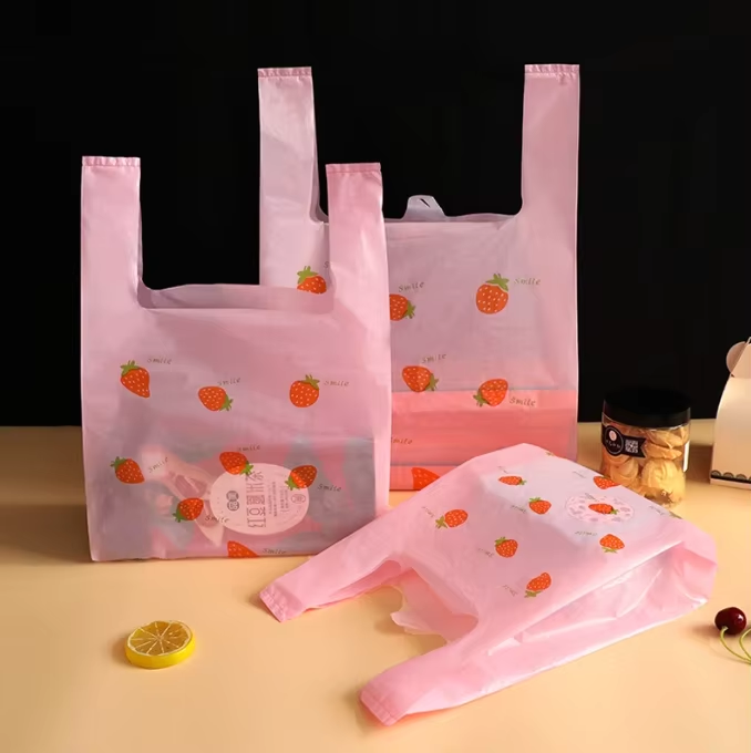 Cute Pink Strawberry BOPP Disposable Plastic Bag Valve for Clothing Cookware Umbrella Packaging-Customizable Size Color Heat
