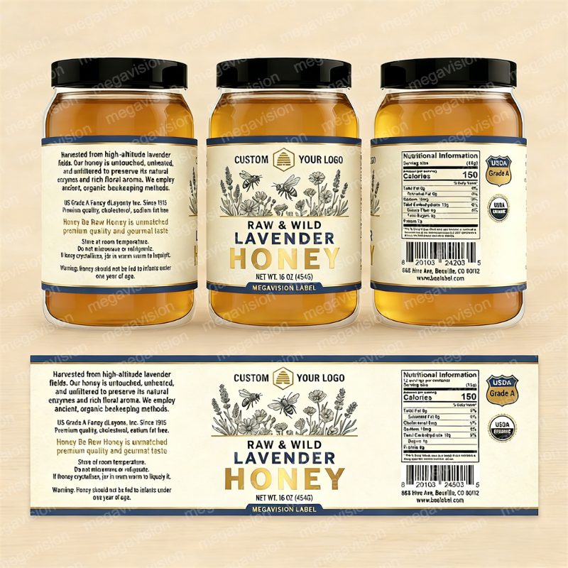 Custom Gold Hot Stamping Business logo Label Print Sticker Honey Food Jam Peanut Butter Jar Bottle Packaging Labels