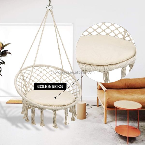 Colgante redondo hamaca de jardín exterior cuerda de algodón Macrame Fringe Patio columpiar hamaca silla de mascotas hamaca