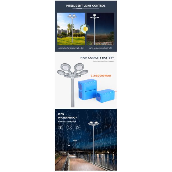 Алюминиевый солнечный уличный фонарь 33W / 5V 6500K с 3 огнями IP65 водонепроницаемый