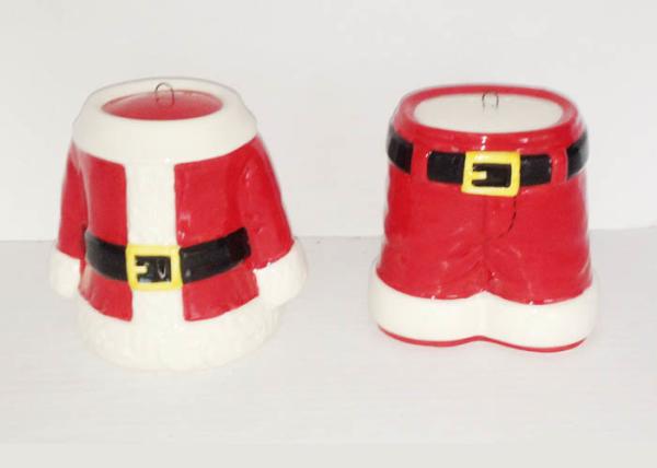 Hand Painted Ceramic Salt And Pepper Shakers Pots Christmas Santa Coat and Pant Dolomite