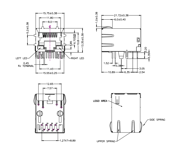 RB1-125BAG1A 10/100Base-T Magnetic RJ45 Connector with Transformer