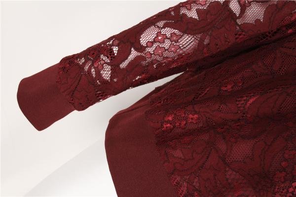 Red Elegant Womens Lace Long Sleeve Top 65% Cotton 35% Nylon