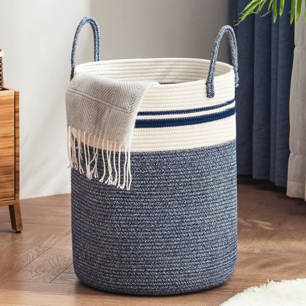 Woven Rope Laundry Hamper Basket, Tall Luandry Basket, Baby Nursery Hamper For Blanket Storage, Clothes Hamper For Laundry In Bedroom-Large-(CUSTOMIZED COLOR, 58L, 72L)