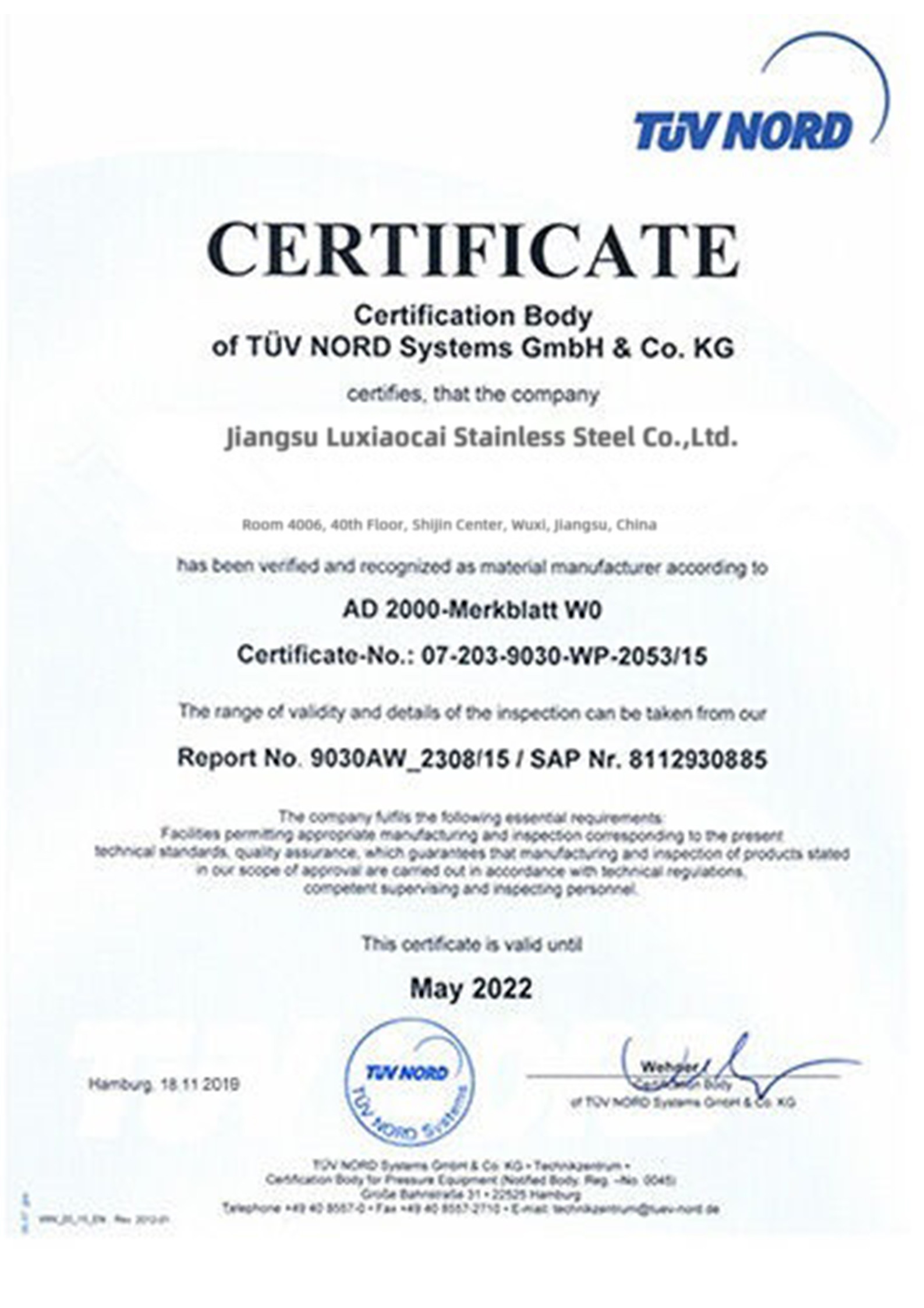 WUXI FENGERMAN IRON AND STEEL LIMITED Certifications